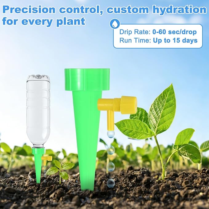 M METERXITY 8-Pack Self Watering Spikes for Plants, 4.3 Inch Plastic Plant Watering Devices with 8 Regulators for Indoor/Outdoor Pots, Garden Water Planter System [Green]