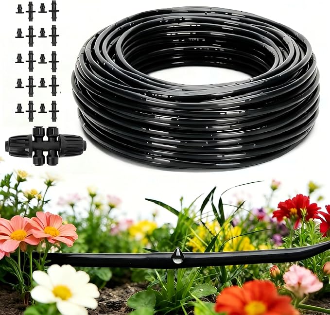 1/4" Drip Irrigation Tubing with 6" Emitter Spacing, (100 Ft Roll) Hydroponics Dripline, 1/4" Drip Irrigation Fittings Included, Drip Line for Irrigation, Window Boxes and Greenhouses (Black)