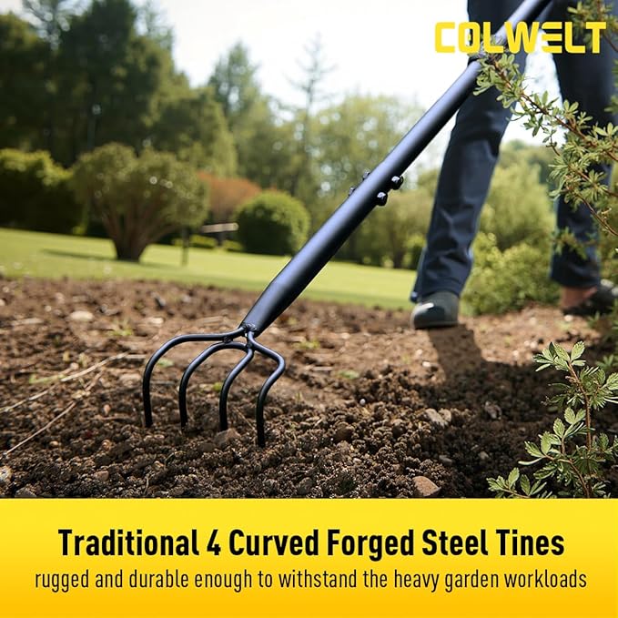 Colwelt 4 Tines Garden Cultivator Rake 59'', Hand Tiller Garden Tool with Sharp Forged Steel Head, 4 Tine Cultivators for Gardening with Long Handle, 4 Prong Rake for Digging Loosening Weeding