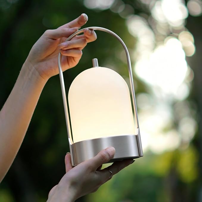 Tubicen Outdoor Table Lamp Portable Rechargeable Lamp Waterproof 4000mAh Battery Operated Lantern 4-Level Dimmable Cordless Touch Lamp for Bedroom Bathroom Patio Balcony Bar Camping Party, Nickel