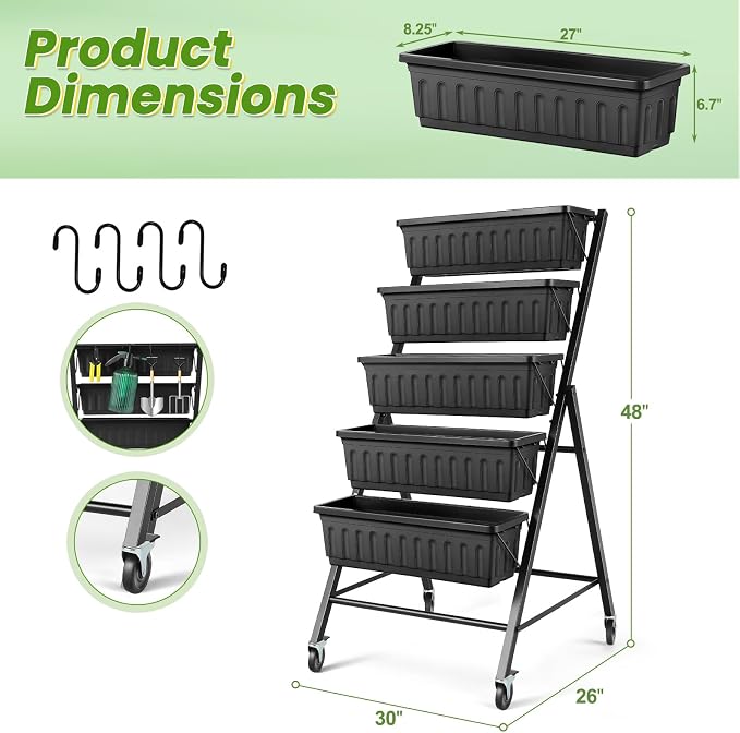 TEANDE Vertical Raised Garden Bed with Lockable Wheels, 5-Tier Elevated Planter Box w/Drainage System & 4 Hooks for Herbs Vegetables Flowers, Vertical Garden Planter for Patio Yard Indoor Outdoor