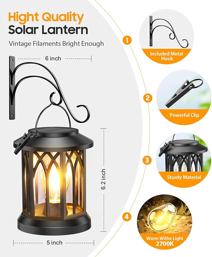 Solar Lanterns Outdoor Waterproof 4 Pack, Upgraded Solar Lantern Outdoor Lights with Wall Mount Kit, Hanging Solar Lights for Outside Decorative Patio Yard Path Porch Garden Decor