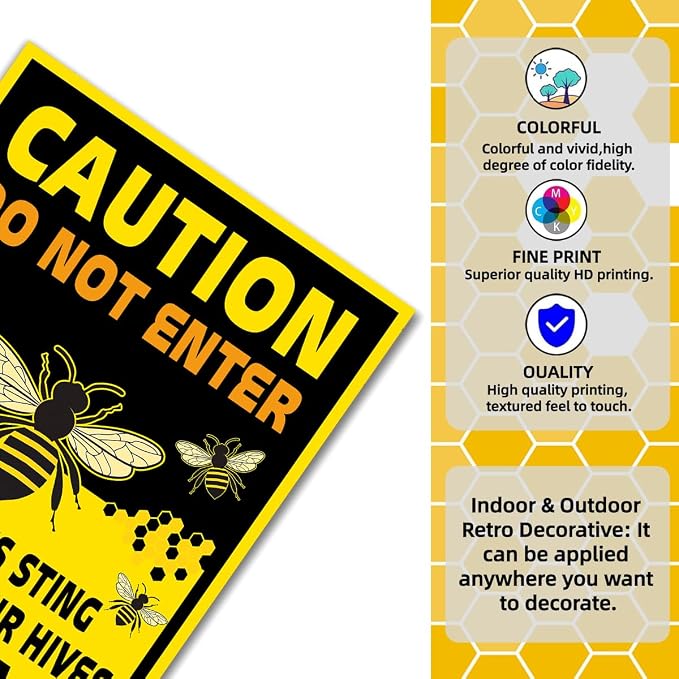 EMOHAT Caution Do Not Enter Honeybees Sting To Defend Hives Metal Tin Sign, Bee Farm Warning Sign for Garden Yard Farm, 8x12 Inch Rustic Man Cave & Farmhouse Decor