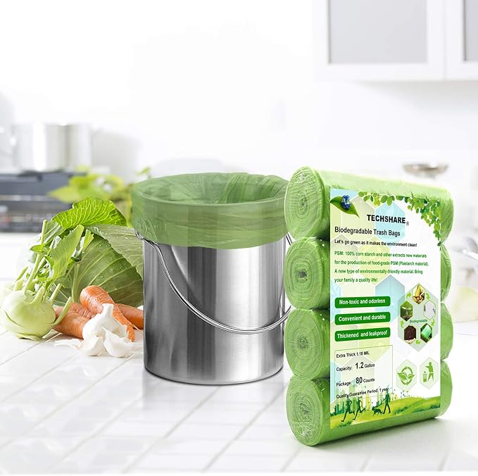 TECHSHARE 1.2 Gallon Biodegradable Trash Bags, 80 Count, Compostable Garbage Bags, 1.5 Gallon Capacity, Green