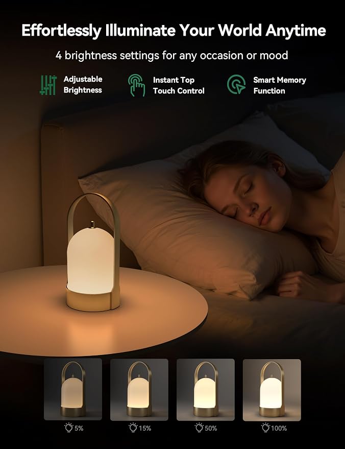 Tubicen Rechargeable Table Lamp Waterproof Outdoor Lantern Portable 4000mAh Battery Operated Camping Lamp Brass 4-Level Touch Dimmable Cordless Outdoor Table Lamp for Bedroom Bathroom Patio Balcony