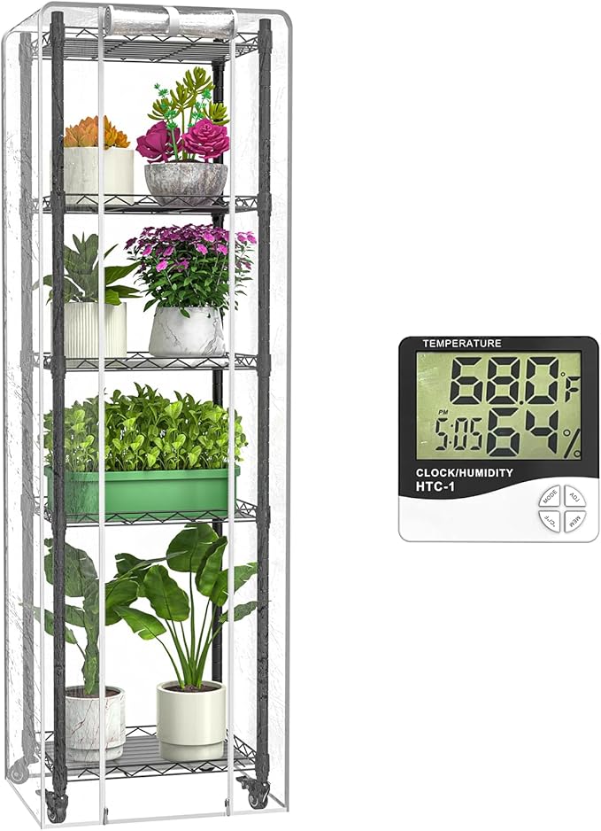 Mini 5-Tier Greenhouse for Indoor ,15.7" L×11.8" W×62.3" H | Portable Greenhouse with Wheels，Clear PVC Cover and Metal Shelf，for Growing Flowers and Seedlings