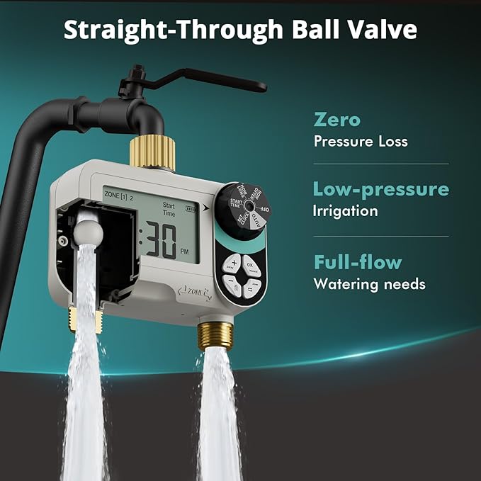 QUOBAS Zero Pressure Sprinkler Timer with Child Lock, Programmable Water Timer for Garden Hose with Brass Ports, Rain Delay/Manual/Auto Irrigation System, 2 Zone Watering for Rain Barrel, 2 Pack