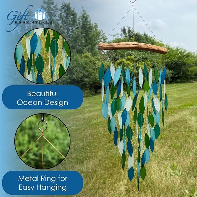 Blue Handworks Deluxe Ocean Waterfall & Driftwood Chime, Sandblasted Glass and Found Wood Handcrafted Wind Chime