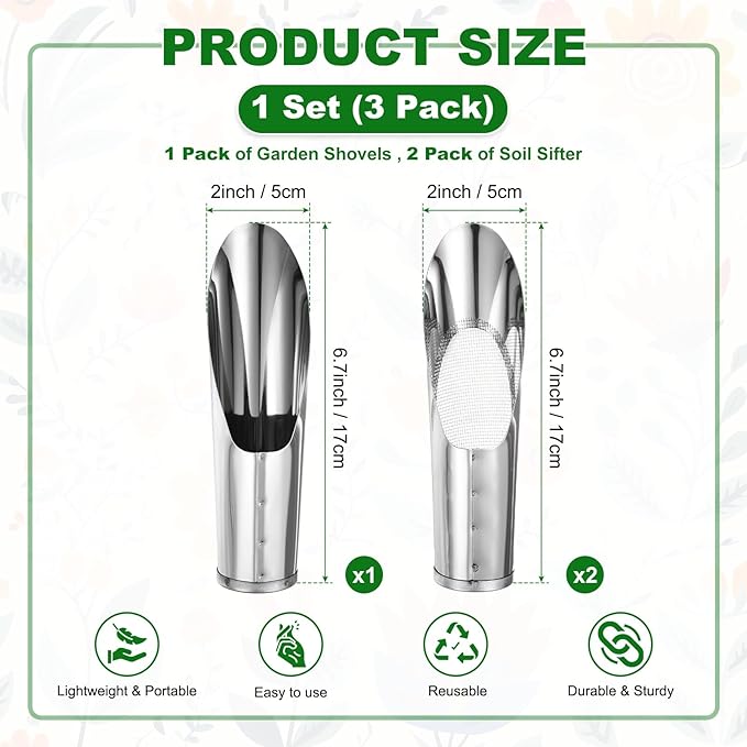 M METERXITY 1-Set Bonsai Soil Scoops, 2inch/5cm Stainless Steel Garden Soil Scoop Bucket Shovels and Soil Sifter for Transplanting/Flower Planting, Small Gardening Tools [Silver Tone]