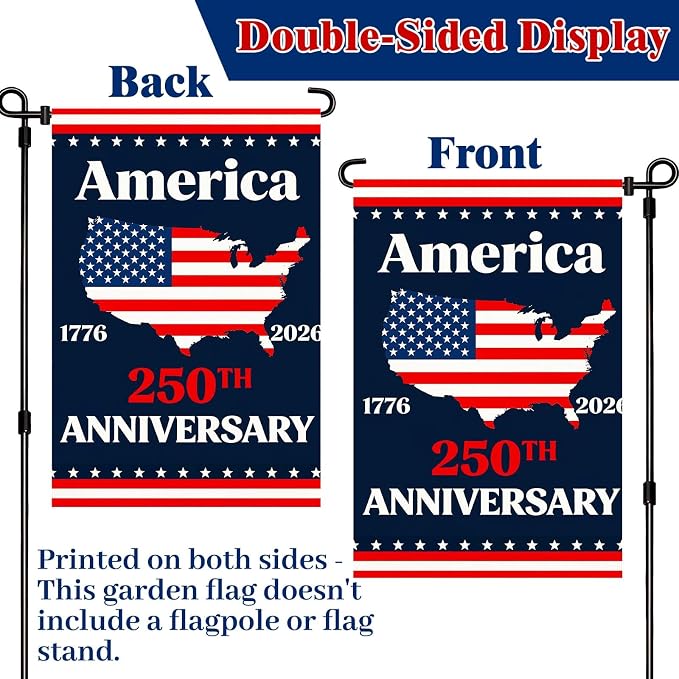 250 Anniversary USA Garden Flag, Double Sided Waterproof Patriotic America Map Flag 1776–2026, Outdoor Yard Decor 12x18