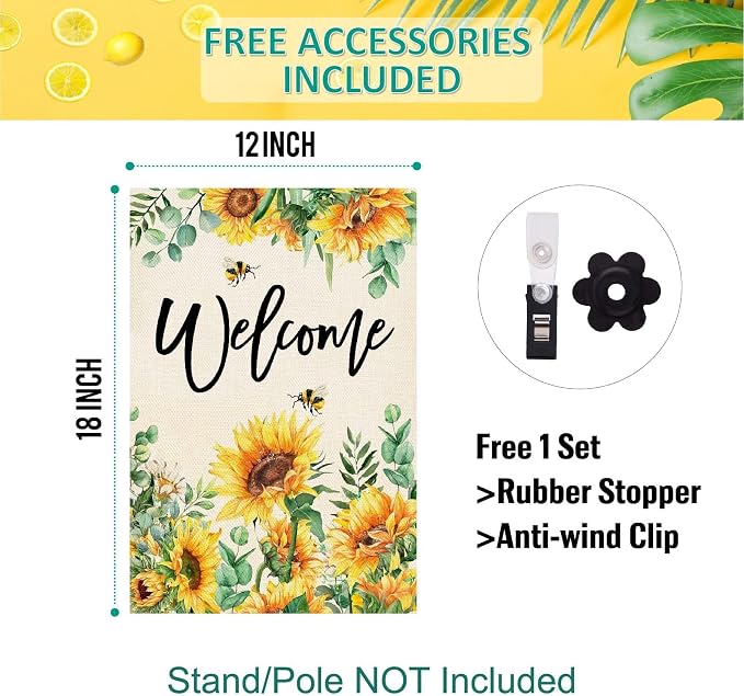 Baccessor Sunflower Garden Flag Spring SummerBee Eucalyptus Leaves Welcome Flag 12.5 x 18 Inch Double Sided Burlap Yard Small Flag for Outside Decor