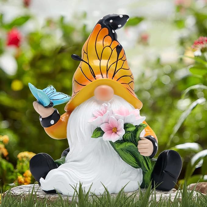 Hodao Butterfly Gnome Figurine Spring Decor, Cute Resin Gnome with Floral and Butterfly Design,Decorate for Shelves, Tiered Trays, Patios, and Garden, Gift for Mom Friends Housewarming Birthday