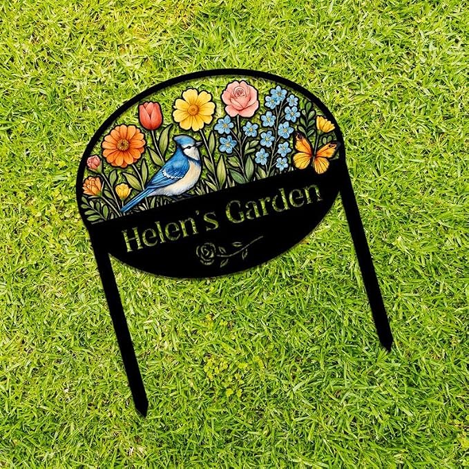 Personalized Metal Yard Sign for Mother's Day, Bird & Flower Design, Gift for Garden Lovers, Metal Sign, Garden Decor (Blue Jay)