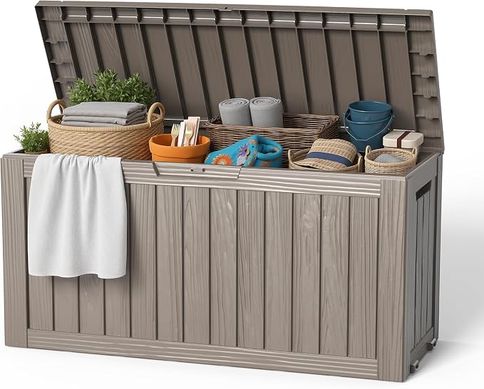 EasyUp 85 Gallon Outdoor Storage Box, Grey | Reinforced Stability, Waterproof & UV-Resistant, Resin Storage Box, Extra Seating, For Patio, Garden & Poolside