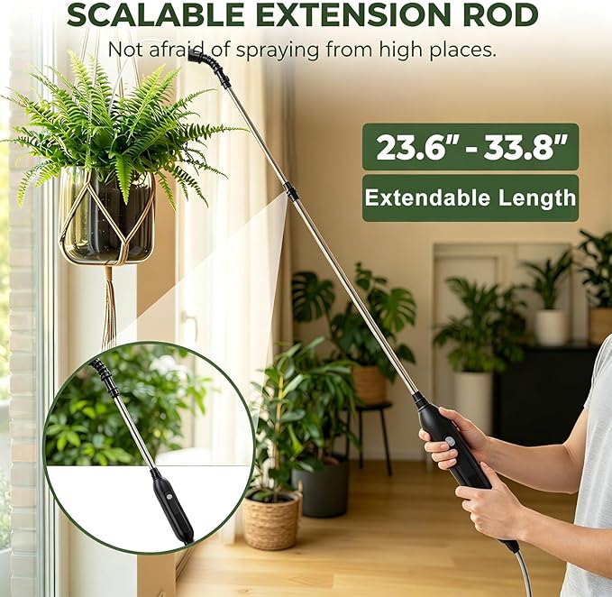 Rechargeable Cordless Pump Sprayer, Electric Watering Wand with 32.8FT Hose 6 Spray Modes Telescopic Wand, Battery Powered Sprayer for Garden Lawn Indoor Outdoor Plant Fertilizer Weed Cleaning