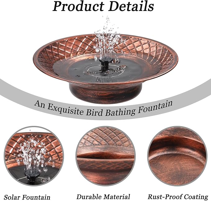 Bird Bath for Outside, 12.6" Solar Powered Bird Bath with Fountain, Metal Bird Bath Bowl, Outdoor Patio Lawn Decor (Bronze)