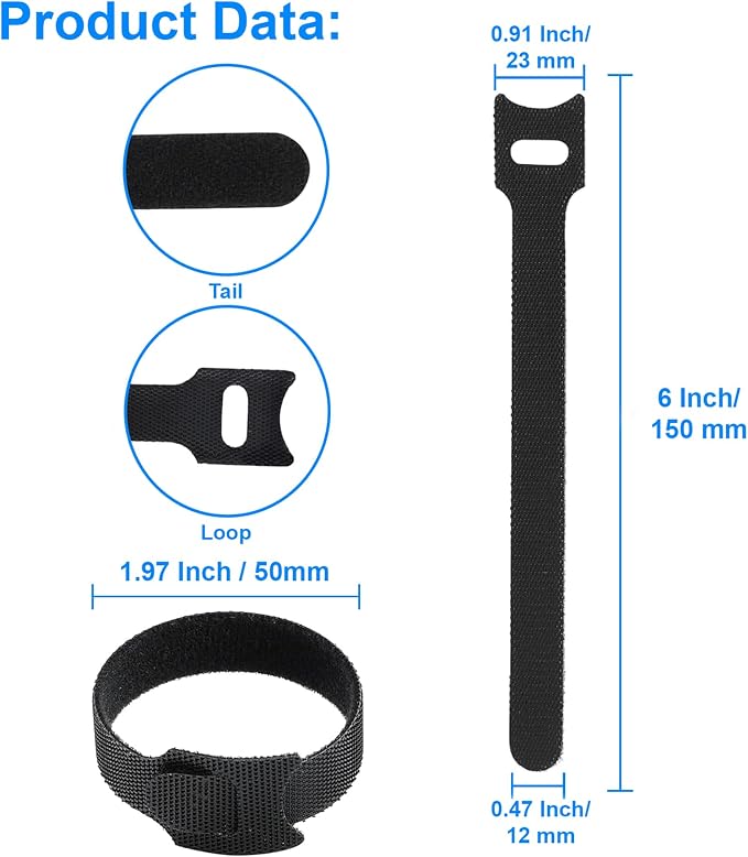 California JOS 60 PCS 6 Inches Reusable Cable Ties, Adjustable Cord Straps, Cable Organizer, Cord Wrap and Hook Loop Cords Management - Black
