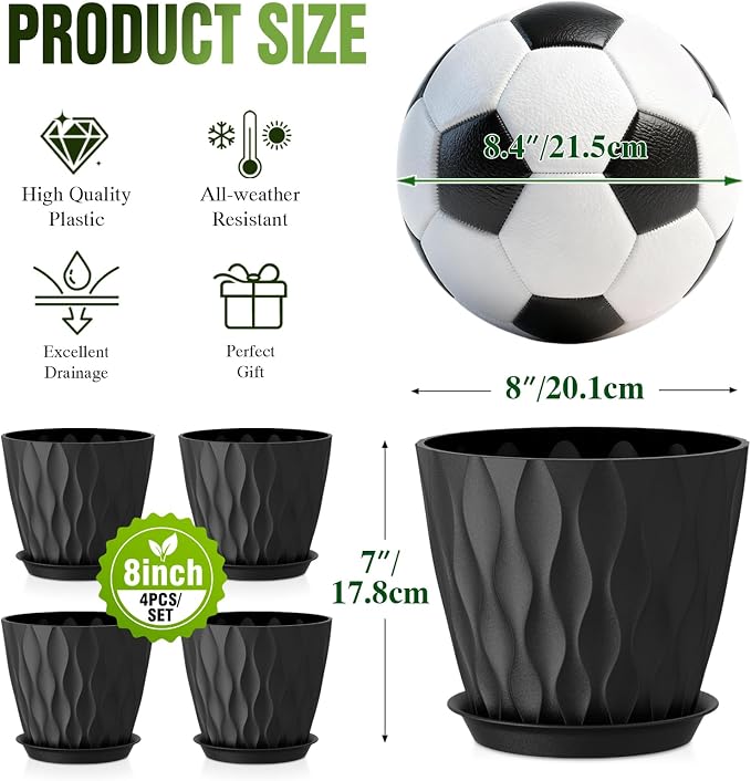 8 Inch Wave Plant Pots with Drainage Holes & Saucers, 4 Pack Modern Textured Medium Planters for Indoor Outdoor Plants, Decorative Flower Pots Repotting Set for Flowers, Herbs (Black)