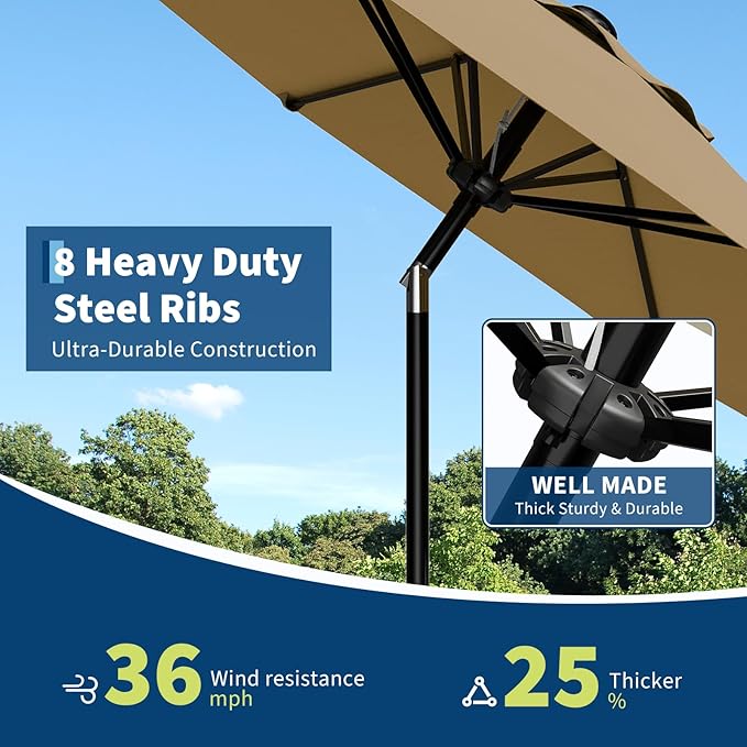 GarveeLife 9FT Umbrella Outdoor Patio, Table Umbrella with Push Button Tilt and Crank, 8 Sturdy Ribs Waterproof UV Protection for Garden, Pool, Backyard, Deck, Market