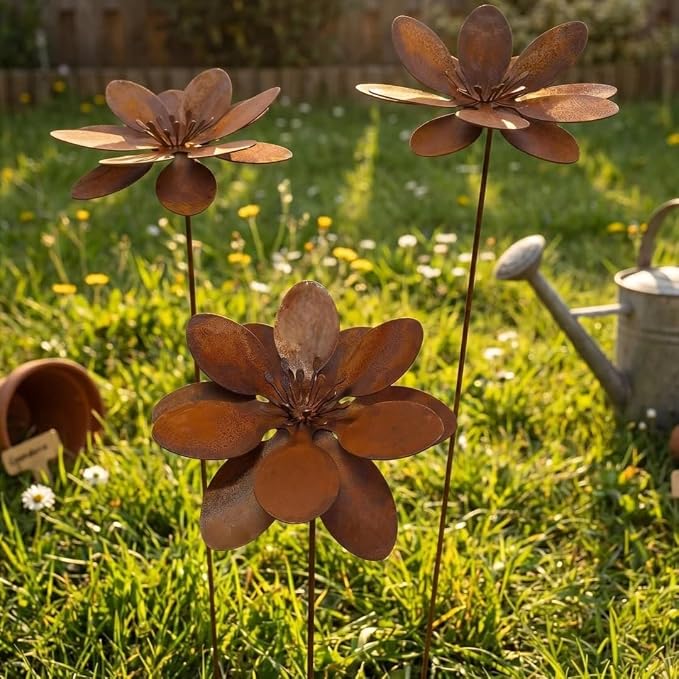 Rustic Metal Coneflower Garden Stakes, Set of 3, Rusted Iron Daisy Yard Art, 14x4 Inch, Weather-Resistant Lawn Pathway, Patio Decor (Brown)
