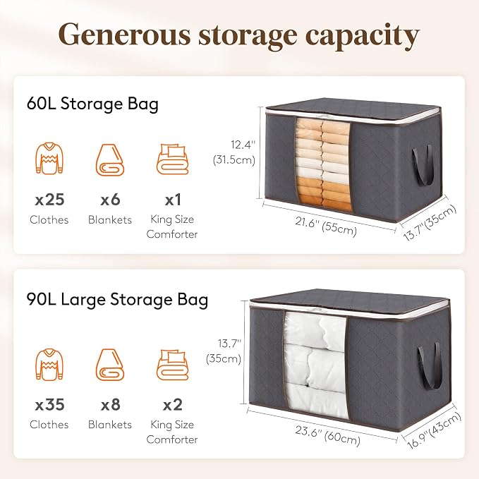Lifewit 8 Pack 90L Clothes Storage Bins with Lids, Foldable Blanket Storage Bags with Zippers, Clear Window and Reinforced Handles, Closet and Organization for Clothing, Sweater, Comforter, Bedding