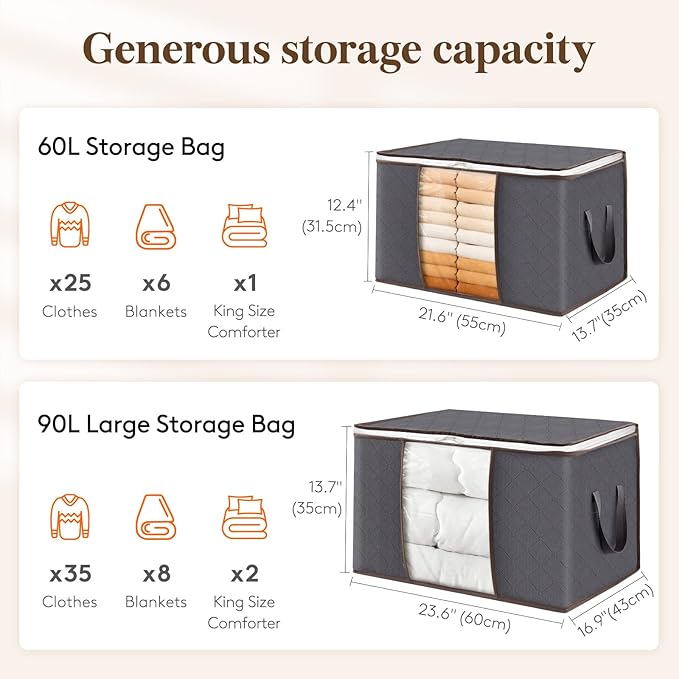 Lifewit 90L Large Storage Bags, 6 Pack Closet Organizers and Storage, Clothes Storage Bins with Lids, Foldable Storage Containers with Reinforced Handles for Clothing, Blanket, Bedding, Comforter Gray
