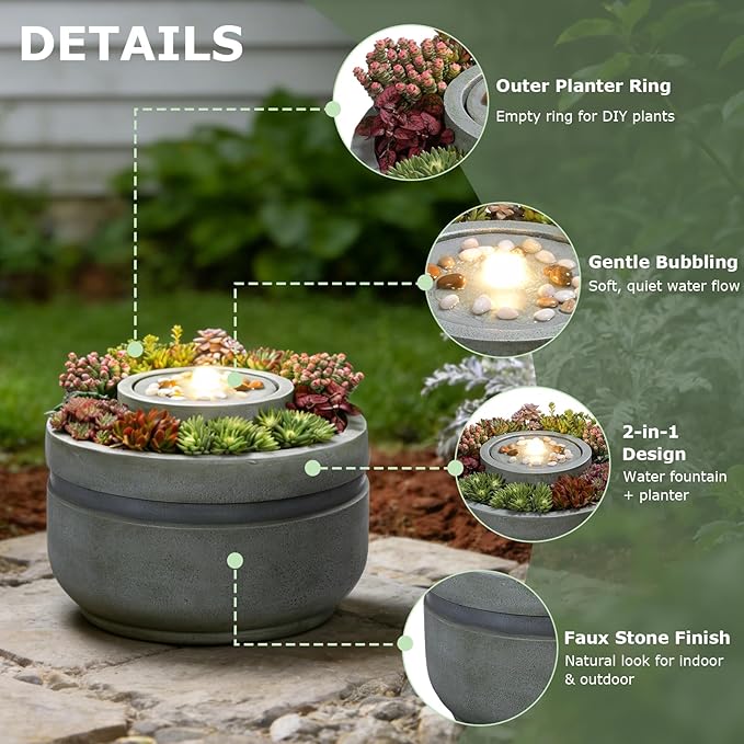 18" H Water Fountain Outdoor Bubbler Water Feature Outdoor with Lights and Built-in Planter Zen Garden Water Fountains for Patio Porch Deck Backyard Home Decor