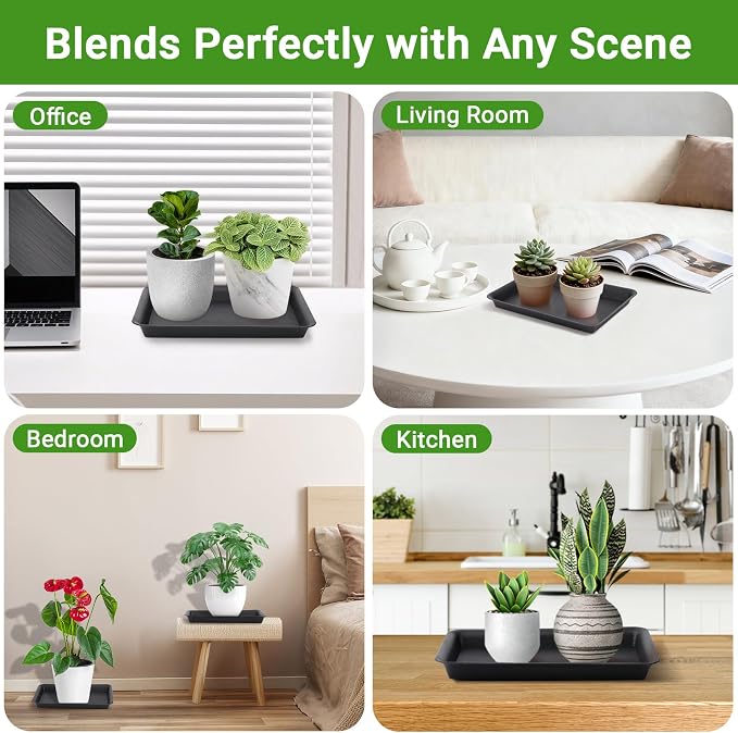 GREANER 10 Inch Plastic Plant Tray Saucer Rectangular, Black Heavy Duty Plant Trays No Holes, Humidity Trays for Indoor Outdoor Plants(3 Packs)