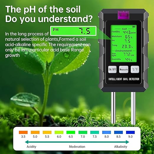 6-in-1 Soil Tester, Moisture Meter with pH Meter, Soil Moisture, Environment, Sunlight, Humidity, Fertility for Agriculture, Gardening and Outdoor Plants (2 *AAA Battery Needed)