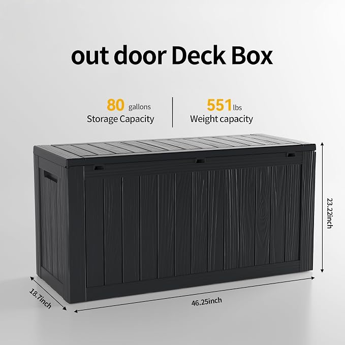 TARKARI 80 Gallon Outdoor Storage Box Waterproof, Resin Deck Boxes with Lockable Lid & UV-Resistant for Patio, Pool, Garden Furniture Cushions & Accessories, Black