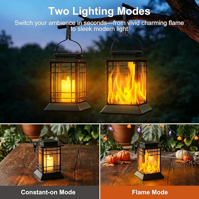 Brightever 2-Pack Hanging Solar Lanterns Outdoor Waterproof, Lanterns Decorative Outdoor with LED Flameless Candle, Dual Modes (Flicker & Steady On), Solar Lantern Lamp for Patio Yard Table Garden