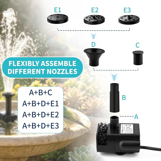 Solar Fountain Pump, DIY Solar Water Pump Kit for Bird Bath, Upgraded 1.8W Solar Powered Fountain with 9.84FT Cord & 4 Nozzles Modes for Outdoor Features, Ponds, Garden, Fish Tank