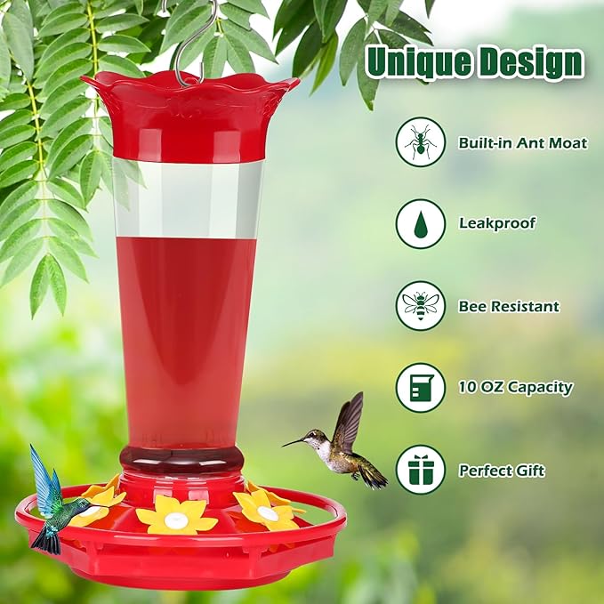 FEED GARDEN 10oz Plastic Hummingbird Feeders for Outdoors - 1 Pack, Ant & Bee Proof, 6 Feeding Ports, Easy Clean Red Nectar Feeders for Outside Hanging, Gifts for Mom