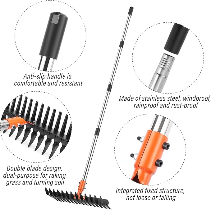 Lmaytech Garden Thatch Rake for Lawn, Heavy Duty Metal Thatching rake with Strong Handle, Wide 15inch Iron Dethatcher Rakes for Yard Leaf & Weed Clean, Soil Loose, Grass Groom