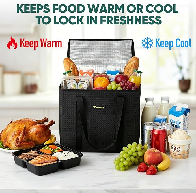 BALEINE 1Pk Insulated Reusable Grocery Bags, Foldable Shopping Bags for Groceries with Reinforced Bottom & Handles (Black)