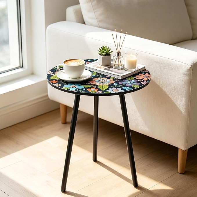 Outdoor Side Table Set of 2 Patio Side Tables for Outside Black End Tables Small Outdoor Table Round Patio End Table Metal Side Table Outside, Indoor, Bedroom, Living Room, Small Spaces, Navy Floral