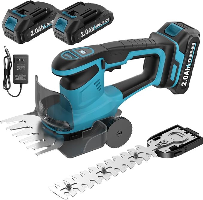 FULLYEA Electric Hedge Trimmer Cordless, 2-in-1 Shrub Trimmer & Grass Shear, Lightweight Bush Trimmer with 2 Blades & 2 * 2.0Ah Batteries, Handheld Grass Trimmer, Battery Powered Hedge Cutter (Blue)
