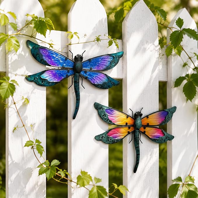 HONGLAND 2 Pcs Metal Dragonfly Decor, Dragonfly Outdoor Wall Decor, Metal Wall Art, Wall Sculptures Gifts Hanging Decorations for Garden Fence Yard Home-Orange&Blue