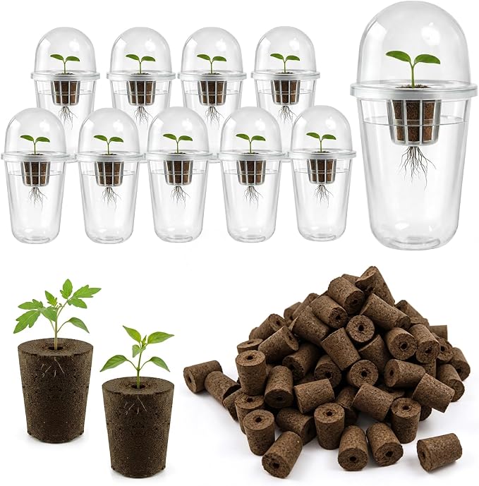 10 Sets Transparent Hydroponic Pods Seed Starter Kit, 50 Biochar Sponges, 5in1 Indoor Growing System with Humidity Domes, Clear Self Watering Planters for Herbs, Cherry Tomatoes, Root Monitoring