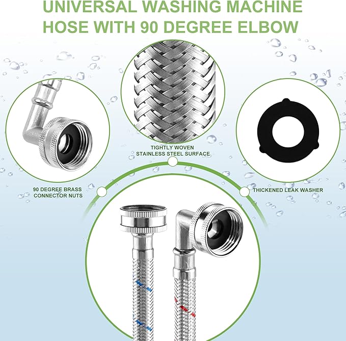 Washer Hose 6ft,Stainless Steel Washing Machine Hose 6 Foot with 90 Degree Elbows 2 Packs Braided Premium Washer Hoses Supply Lines-Hot and Cold Striped Water Connection-by MIFLUS,10 YEARS WARRANTY