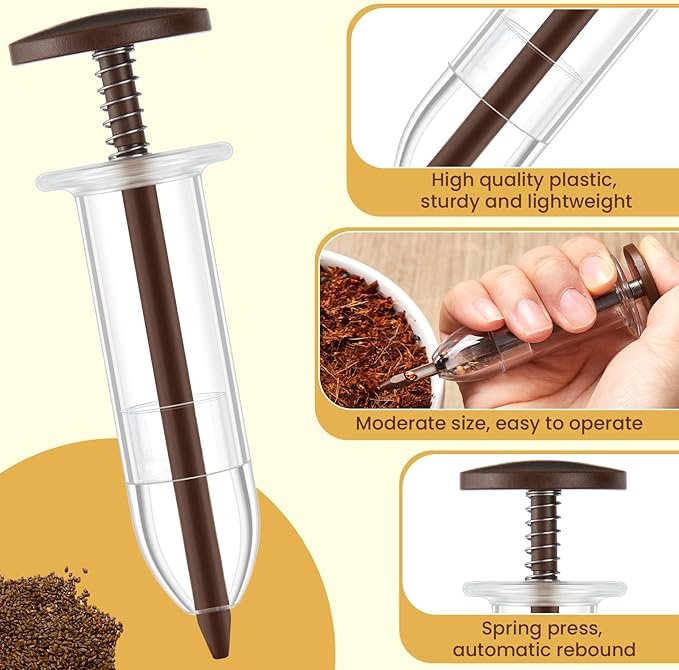 Flutesan 6 Pcs Mini Sowing Seed Dispenser Sower with 2 Transplanting Tools Hand Spreader Garden Seed Planter for Carrot Lettuce Grass and Spinach Sower(Brown)