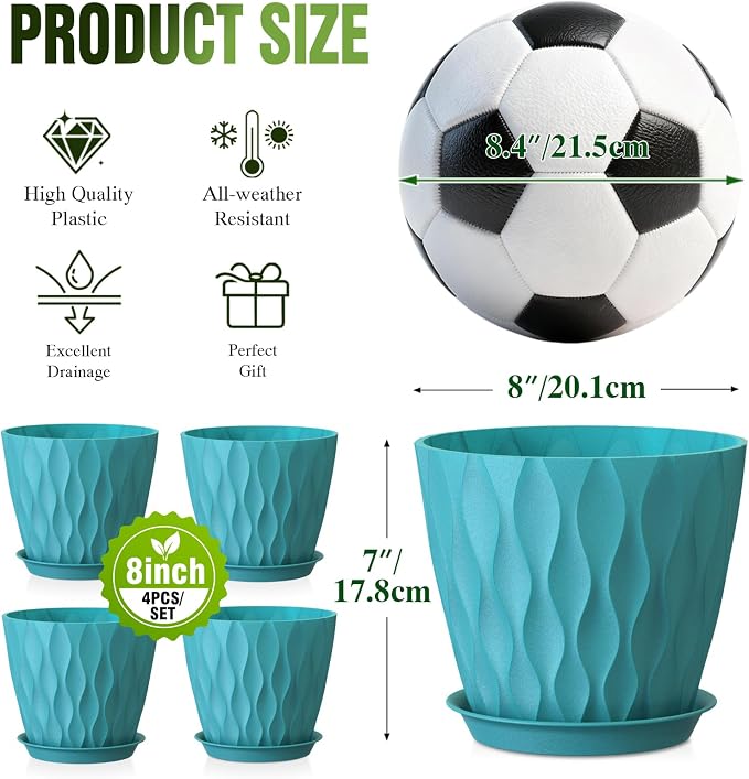 8 Inch Wave Plant Pots with Drainage Holes & Saucers, 4 Pack Modern Textured Medium Planters for Indoor Outdoor Plants, Decorative Flower Pots Repotting Set for Flowers, Herbs (Blue)