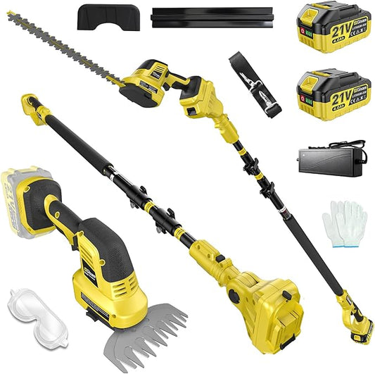 4-in-1 Pole Hedge Trimmer Cordless - Electric Hedge Trimmer & Grass Shear with Extension Pole, 2*4.0Ah Battery,180° Adjustable Angle,16Ft Reach,Hedge Trimmers Cordless with Battery for Shrubs Pruning