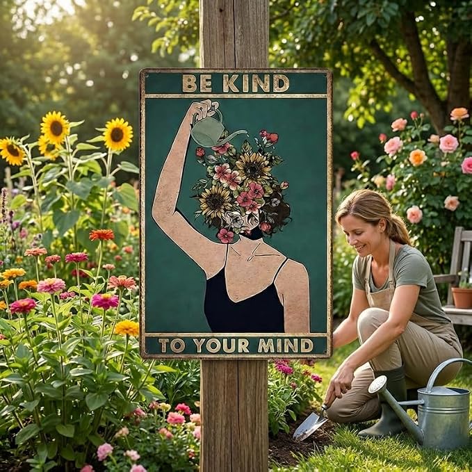 "Be Kind To Your Mind" Garden Sign, Vintage Floral Woman Metal Poster, 8x12 Inch Inspirational Wall Art Decor for Outdoor Yard Patio Greenhouse, Mental Health Gardening Gift for Her