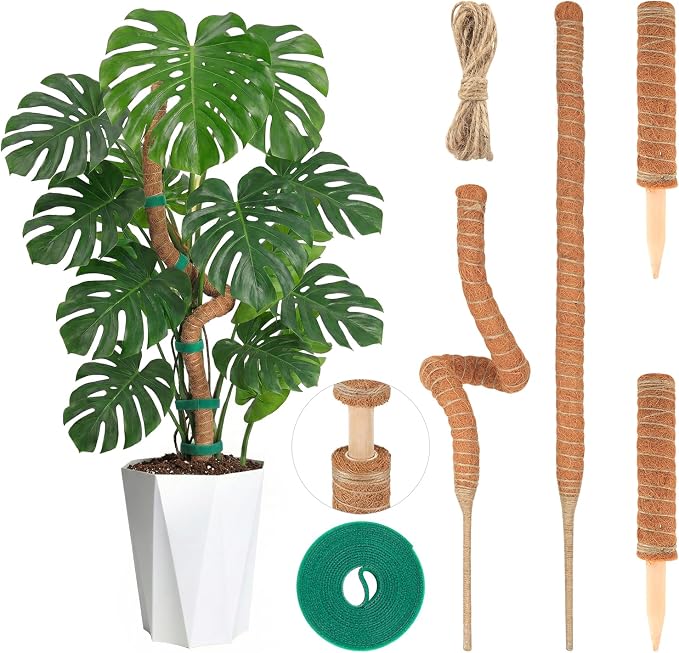 28'' Bendable Moss Poles & 12'' Stackable Coir Plant Sticks for Monstera | 4 Pack Plant Stakes for Indoor Plant, Moss Pole for Climbing Plant Coconut Fiber Holds Moisture, Ideal for Aerial Root Growth