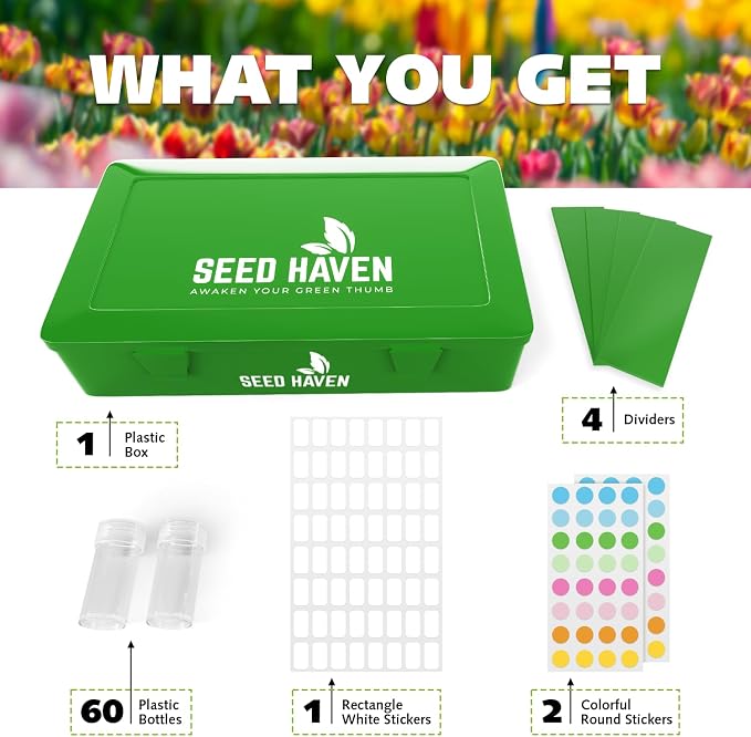 Seed Organizer Storage Box, Green Opaque Light Proof Seed Bank with 60 Transparent Bottles & Labels, Seed Holder Packet Organizer, Seed Vault Container for Homesteaders, Garden Tackle and Bead Sorter