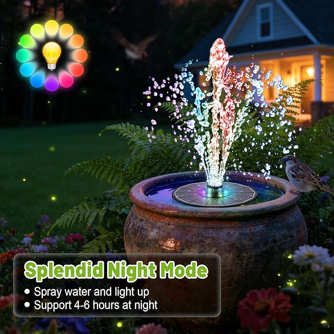 Solar Fountain with 3 Spray Height, Colorful Led Lights, 3.5W Glass Solar Bird Bath Water Fountain with 2000mAh Battery, 4 Rotating Rods and 7 Nozzles for Hummingbird Bathing, Outdoor Decor