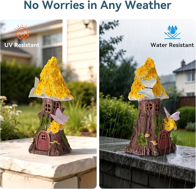Fairy Garden House, Solar Fairy House for Outside Decor, Mushroom Outdoor Garden Statues for Yard, Lawn, Balcony Patio, Outdoor Figurine Lights Gifts for Mom Women