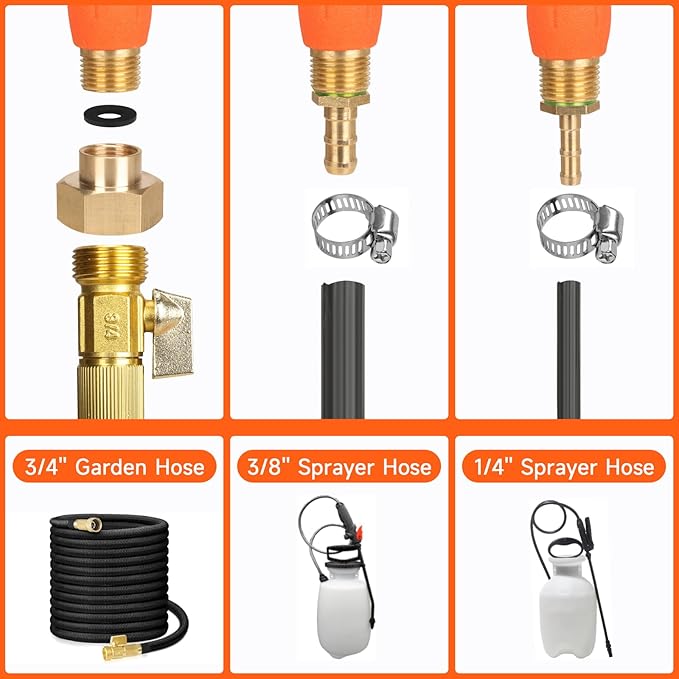 All Metal 44 Inches Replacement Sprayer Wand, Garden Hose Watering Wand with 3/4'' Brass Connector, 1/4" & 3/8" Brass Barb for Most Sprayer Hoses, Built-in Stainless Steel & 2 Hose Clamps