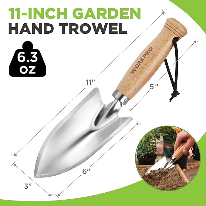 WORKPRO 11" Garden Hand Trowel, Heavy Duty Polished Stainless Steel Garden Shovel with Wooden Handle, Hand Gardening Tool for Digging, Planting, Transplanting